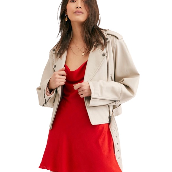 New Free People x We The Free Slow Moves Lg Beige Leather Belted Moto Jacket - Picture 2 of 9